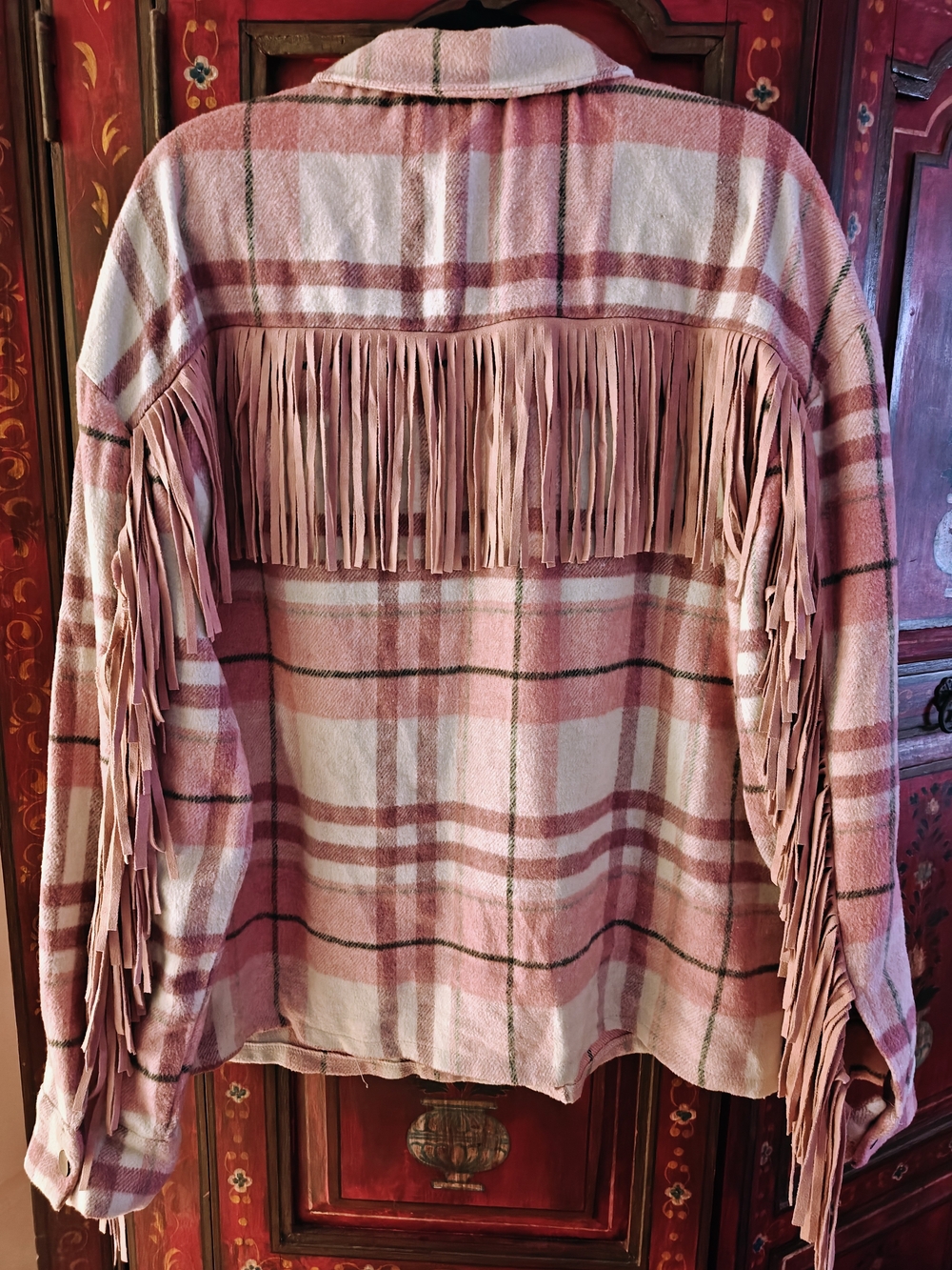 Fringed Soft Flannel Plaid Women's Jacket/Coat in Pink, Cream Black Large